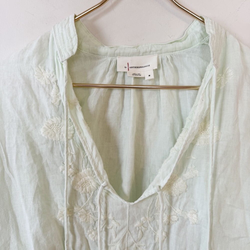 by Anthropologie Mint Green Floral Embroidered Linen Peasant Blouse M - Picture 7 of 11
